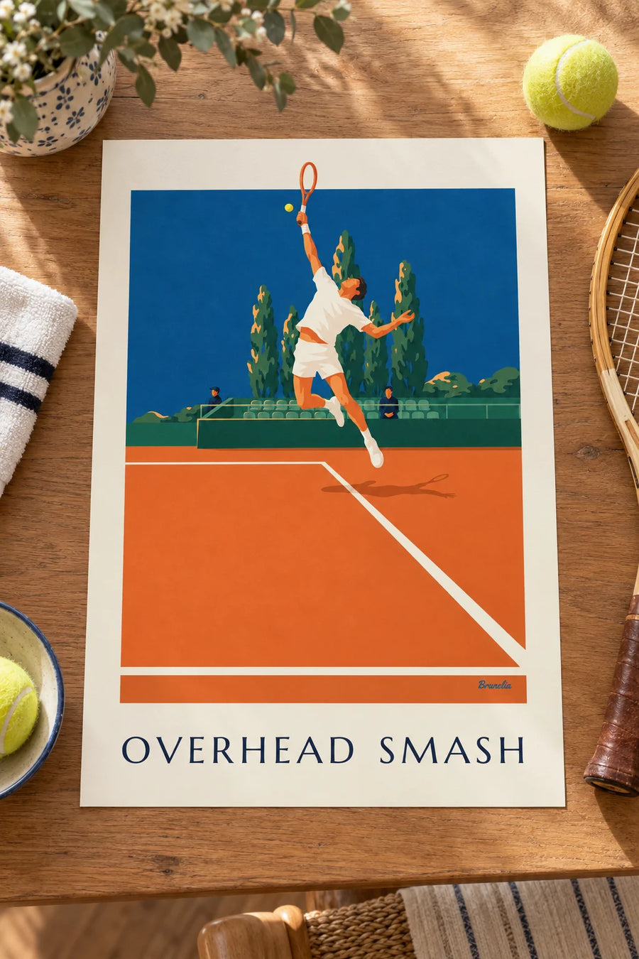 Affiche joueur de tennis en plein smash sur terre battue : posée sur une table