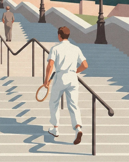Le joueur de tennis de dos, en tenue blanche, sa raquette à la main dans l'escalier