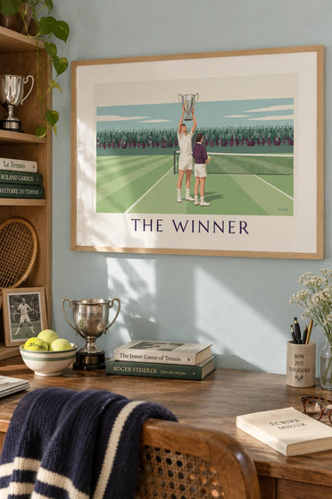 Poster of a tennis champion lifting a silver cup: framed on the wall