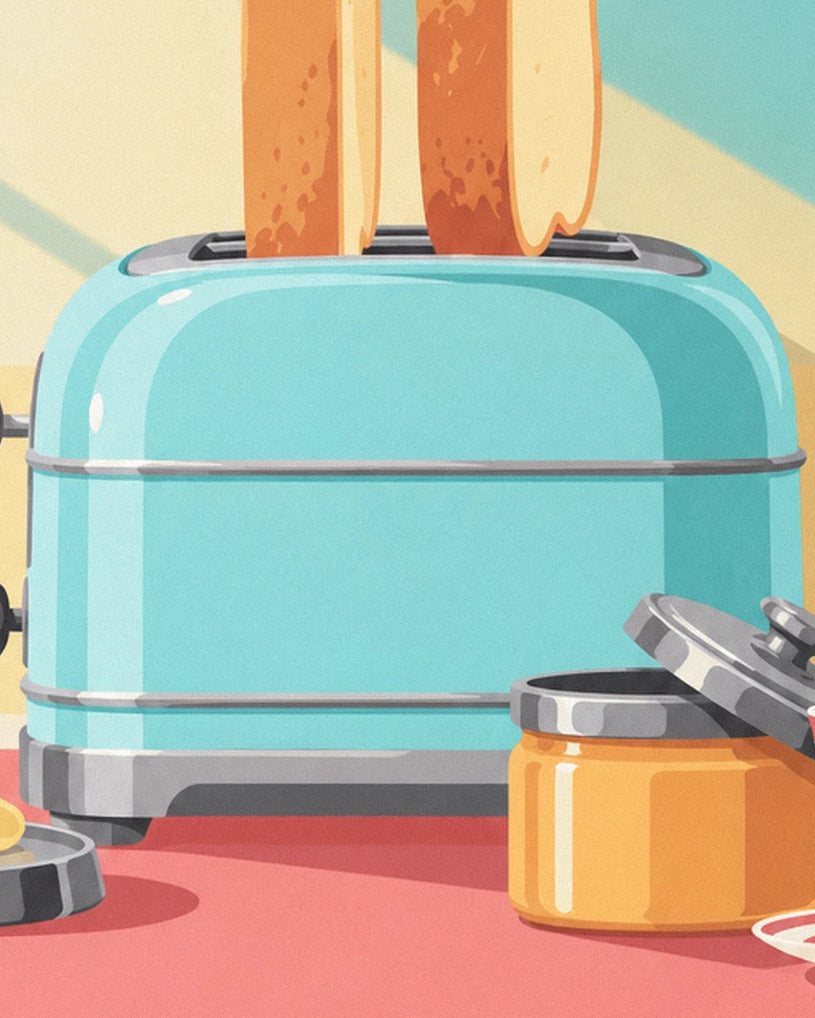 The turquoise toaster with chrome trim beside the open jam jar