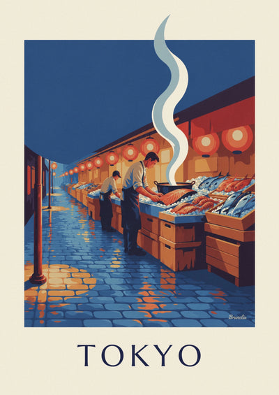 Poster Fischmarkt in Tokio unter den Laternen: das ganze Poster