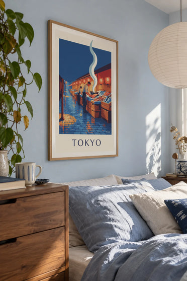 Poster van de vismarkt van Tokio onder de lantaarns: ingelijst aan de muur