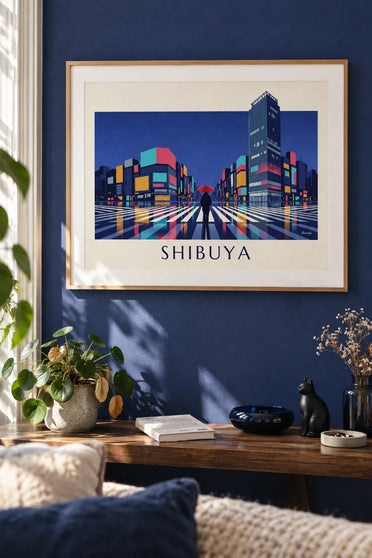 Poster zebrapad van Shibuya 's nachts in de regen: ingelijst aan de muur