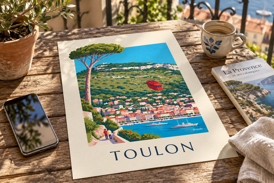 Poster kabelbaan van de Mont Faron boven Toulon: op een tafel