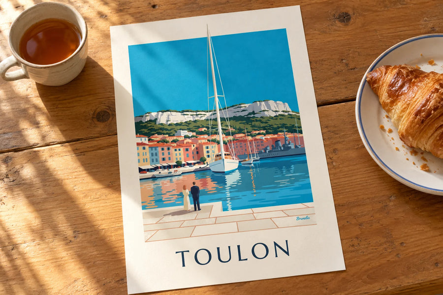 Affiche port de Toulon vu sous une arche de pierre : posée sur une table