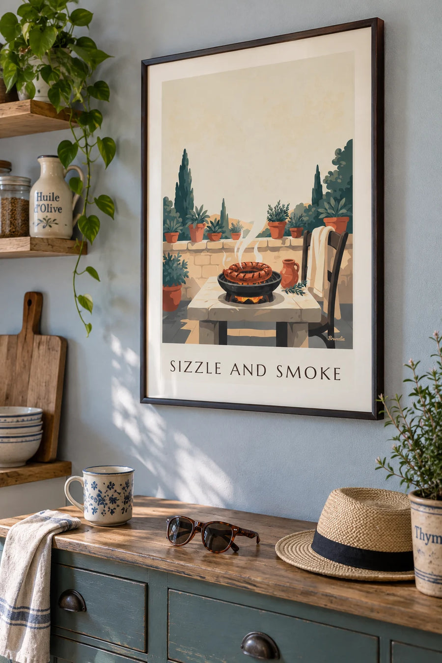 Poster of Toulouse sausage grilled over embers on a terrace: framed on the wall