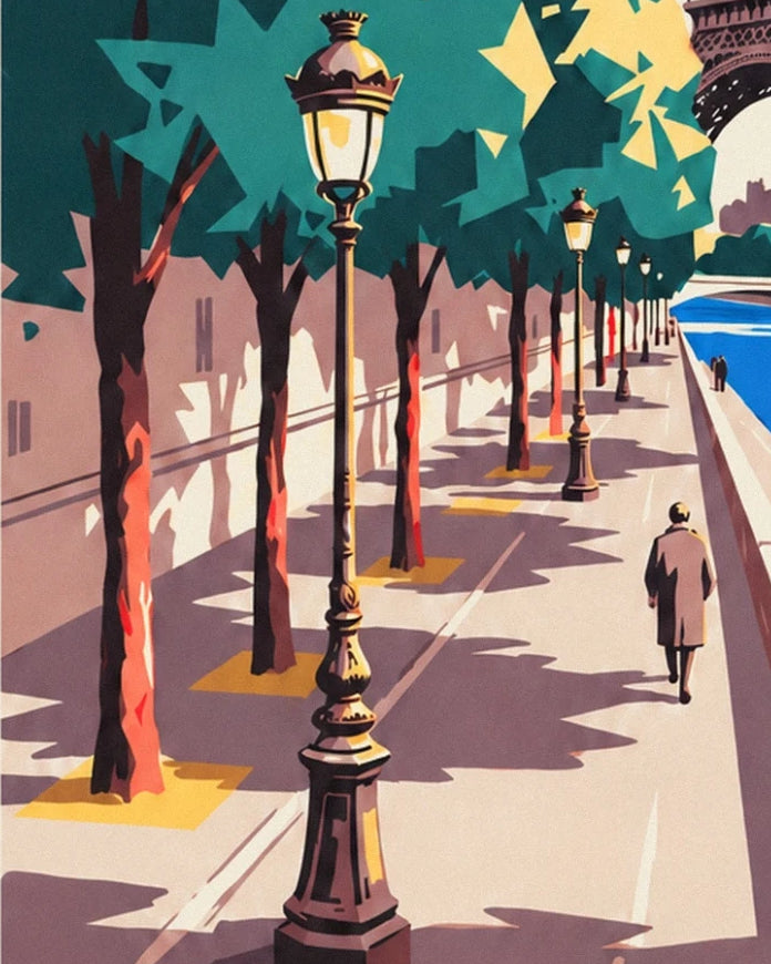 Les lampadaires et les arbres alignés sur le quai parisien, avec un passant de dos