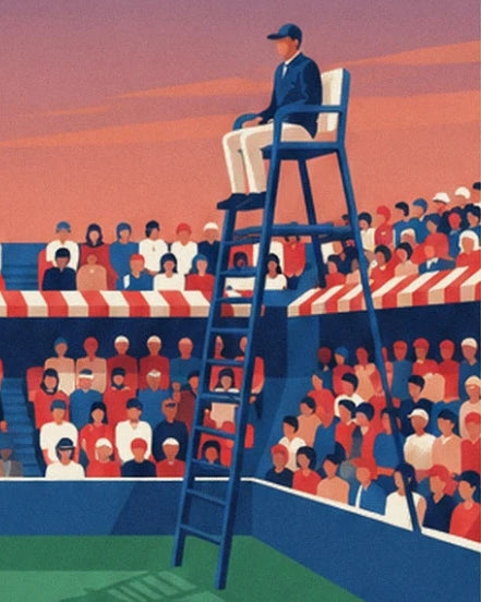 L’arbitre en veste bleue sur sa haute chaise, devant les tribunes remplies