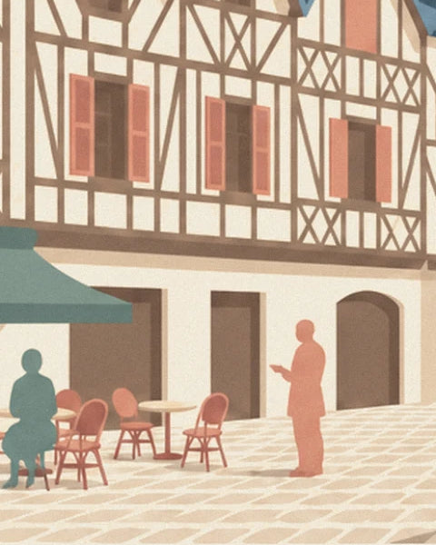 Die Café-Terrasse unter ihrer grünen Markise, mit 1 sitzenden Gast und 1 stehenden Passanten