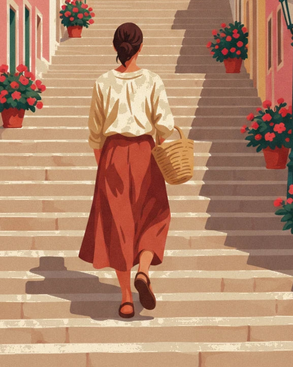 The woman in a red skirt, a wicker basket on her arm, climbing the stone steps