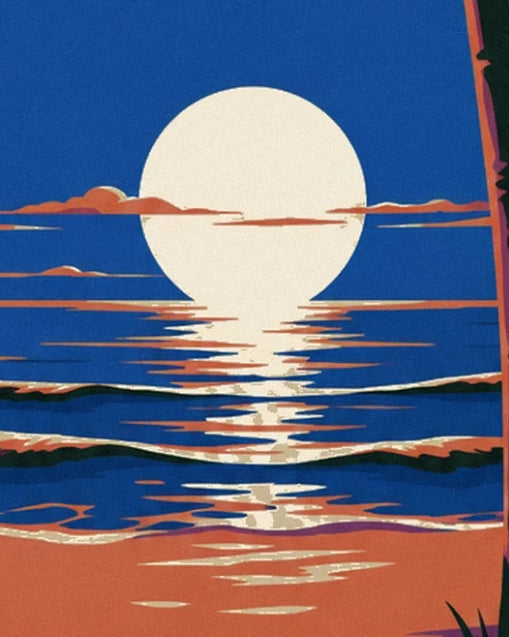 The ivory full moon and its bright reflections on the blue ocean waves