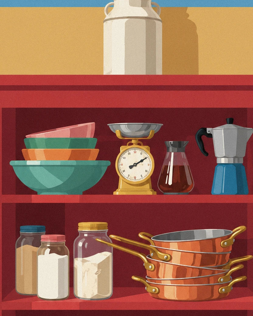 The copper saucepans, colourful bowls and yellow scales in the red kitchen dresser