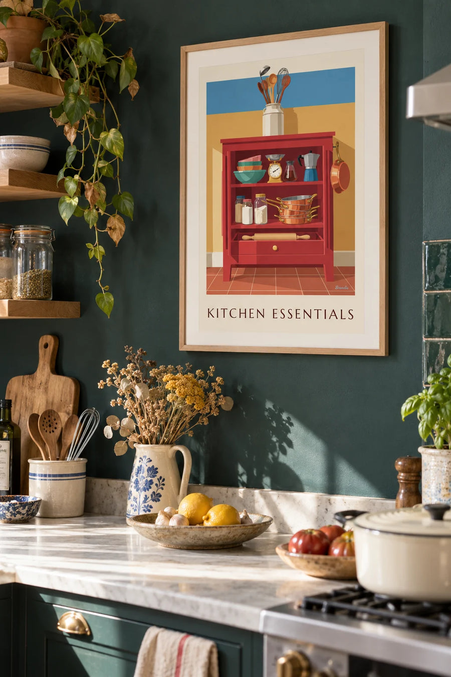 Poster of a red kitchen dresser with copper utensils: framed on the wall