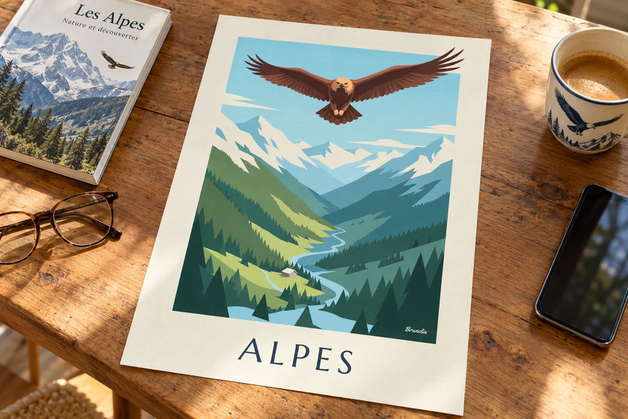 Poster steenarend boven een Alpendal: op een tafel