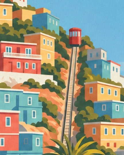Le funiculaire rouge sur ses rails escarpés, entre les maisons colorées de Valparaíso