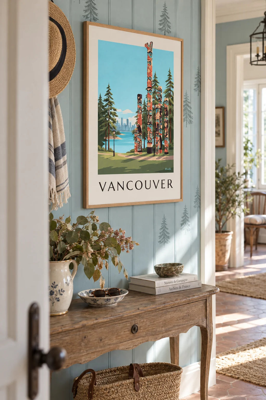 Poster of the totem poles in Stanley Park in Vancouver: framed on the wall