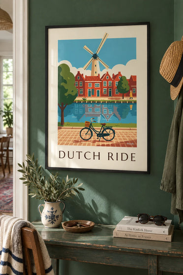 Poster holländisches Fahrrad und Häuser mit roten Dächern: gerahmt an der Wand