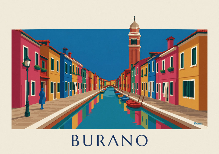 Poster kanaal en kleurrijke huizen van Burano, scheve klokkentoren