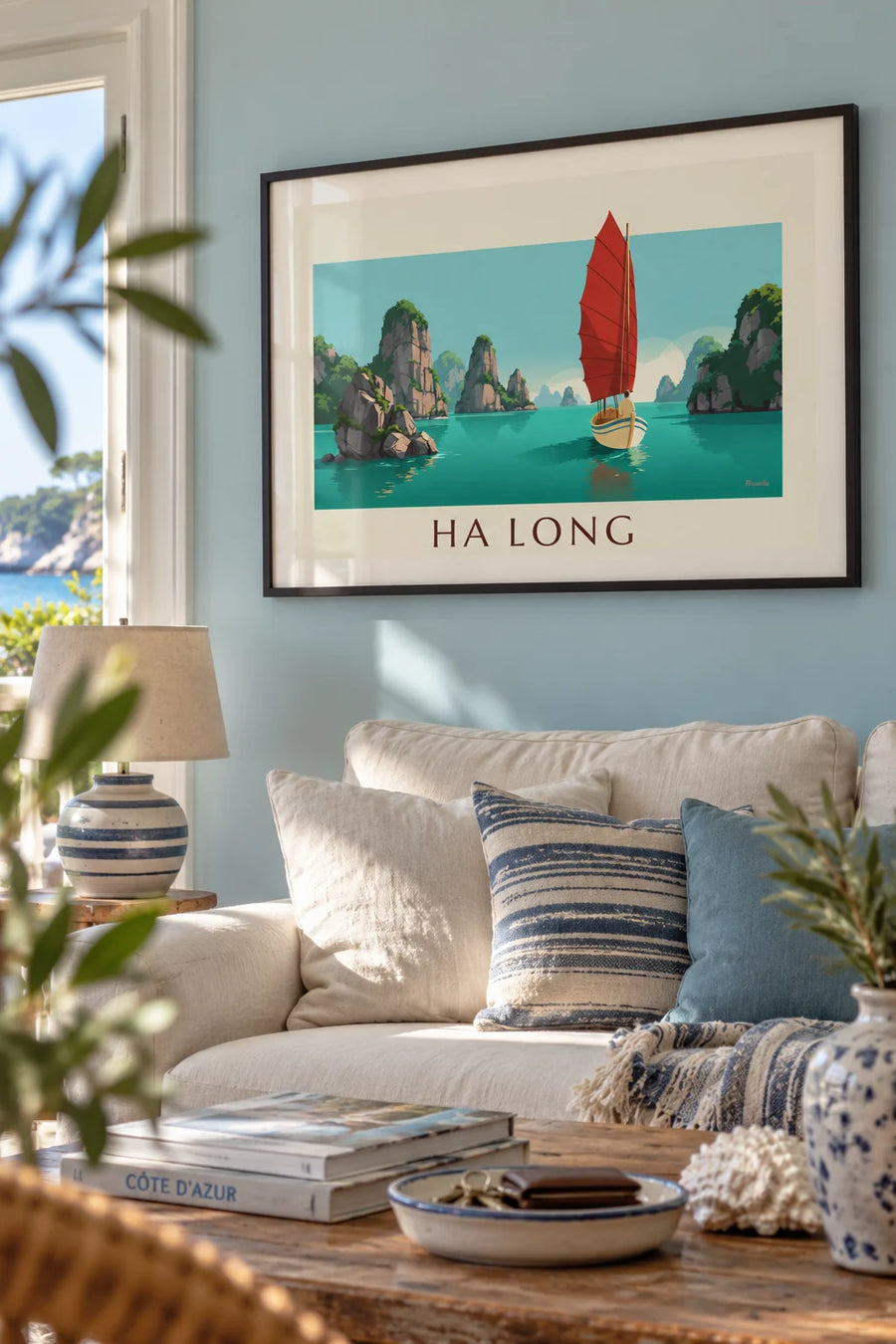 Junk boat with red sails in Ha Long Bay poster: framed on the wall