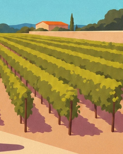 Les rangées de vignes au feuillage vert devant un mur clair et une maison au toit orangé