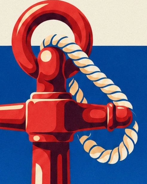 L’anneau rouge de l’ancre et son cordage crème en boucle sur la mer bleue