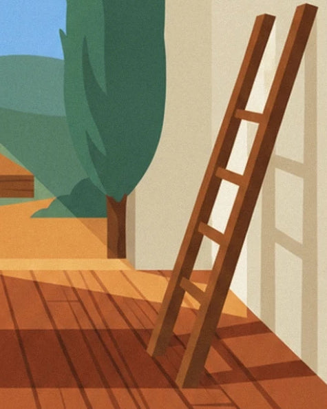 The wooden ladder against the cream wall, beside a tree with green leaves