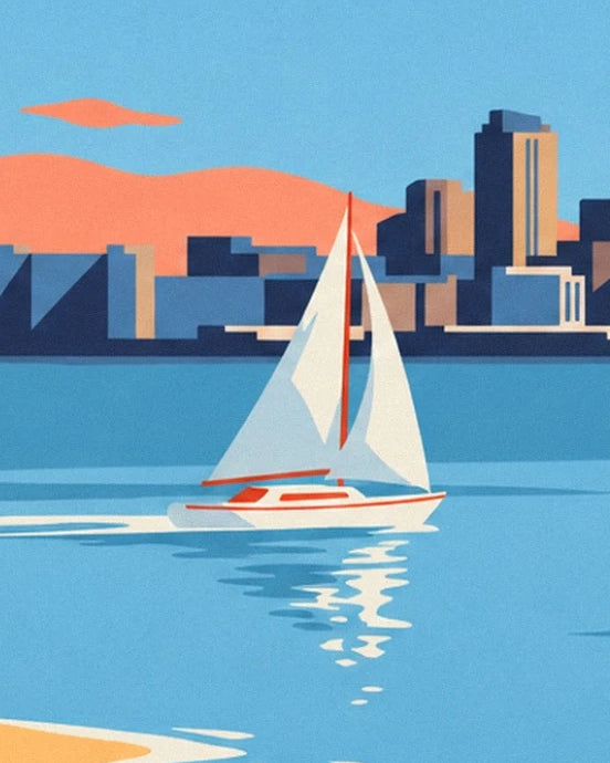 Das Segelboot mit weißen Segeln und seine Spiegelungen im blauen Hafen von Auckland