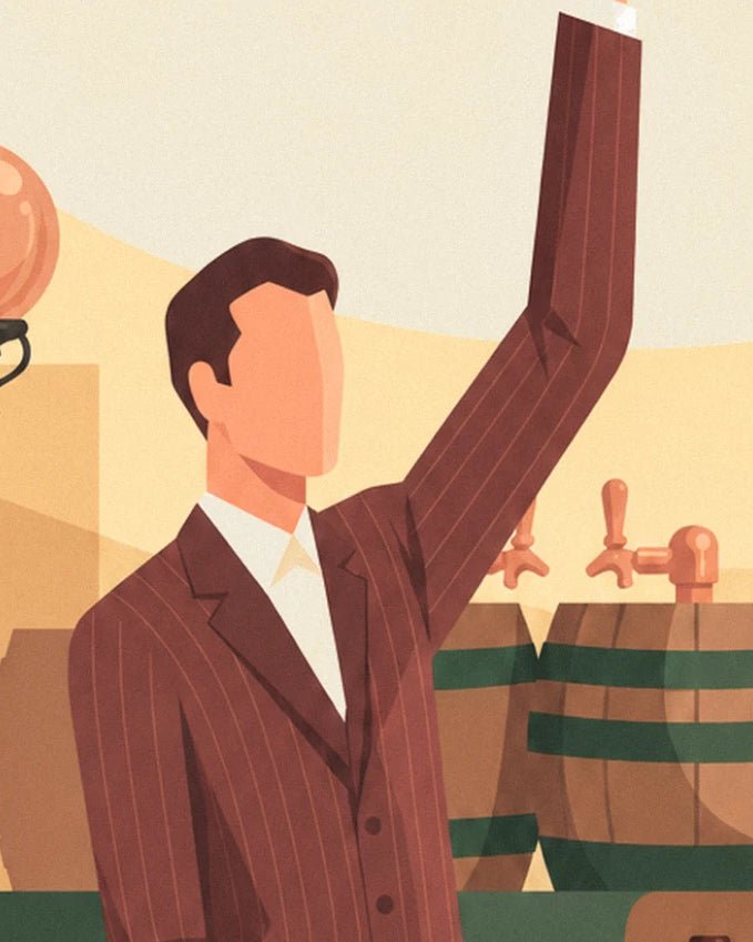 The man in a burgundy striped suit, arm raised, in front of the barrels and beer taps