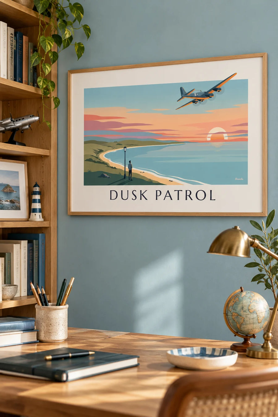 Poster viermotoriger Bomber im Sonnenuntergang: gerahmt an der Wand