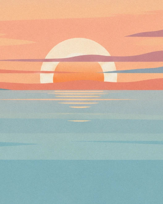 The orange sun setting over the calm sea, with its golden reflection on the water