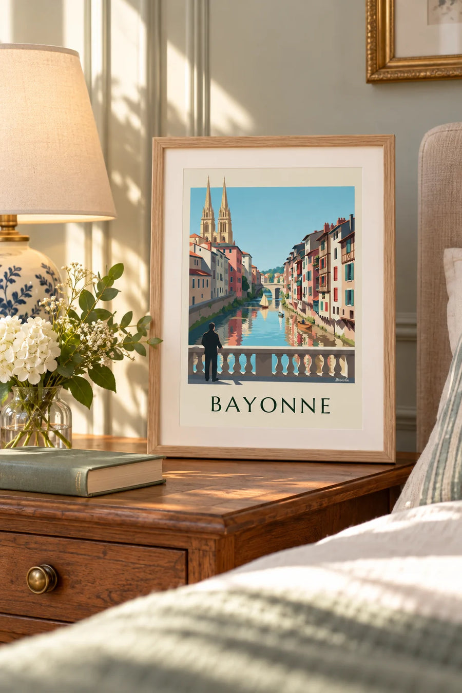 Affiche quais colorés du Petit Bayonne au bord de la Nive : petit format A4 encadré