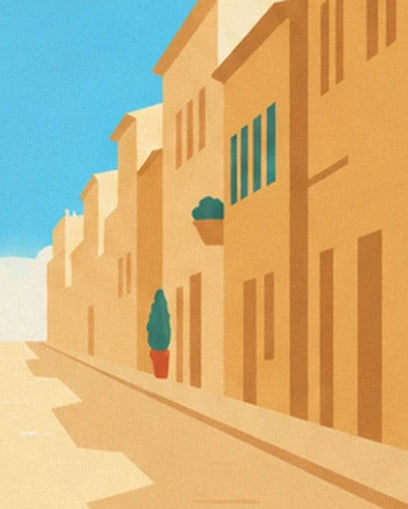 A sunny street lined with ochre façades, green shutters and potted plants