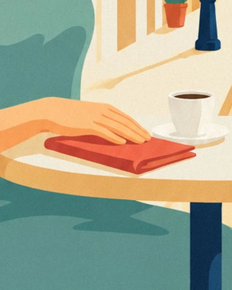 A hand resting on a red book beside a cup of coffee on the terrace table