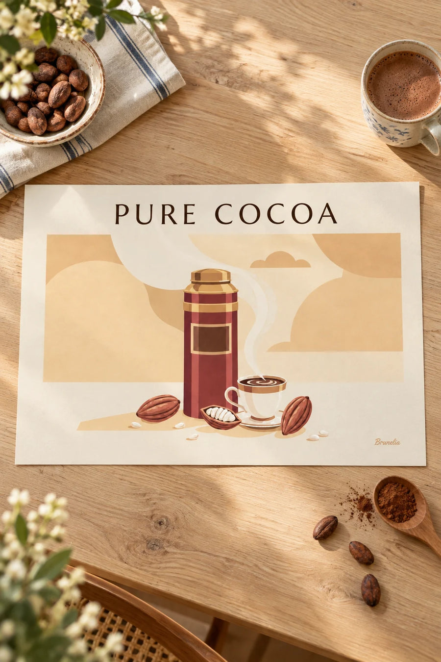 Affiche boîte de cacao et tasse de chocolat chaud : posée sur une table