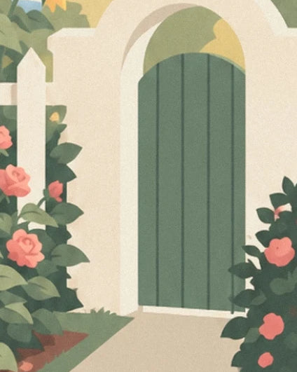 Le portillon vert sous une arche crème, bordé de rosiers aux fleurs roses