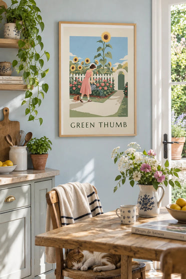 Poster Pin-up beim Gärtnern mit Gießkanne zwischen Blumen: gerahmt an der Wand