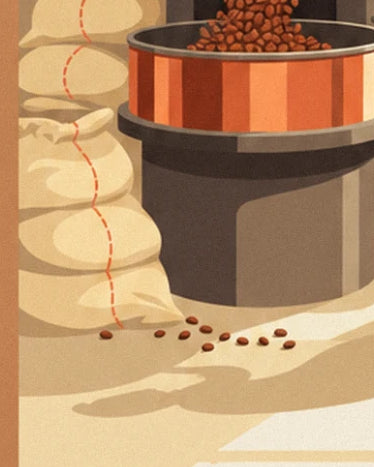 The orange tray filled with coffee, the beige sacks and the beans scattered on the floor
