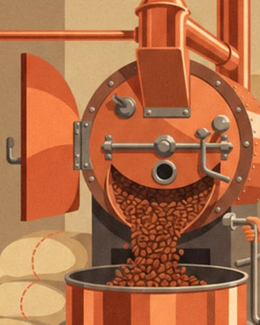 The orange coffee roasting machine with its door open and coffee beans pouring into the tray