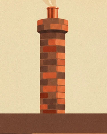 The red and brown brick chimney topped with a small copper flue