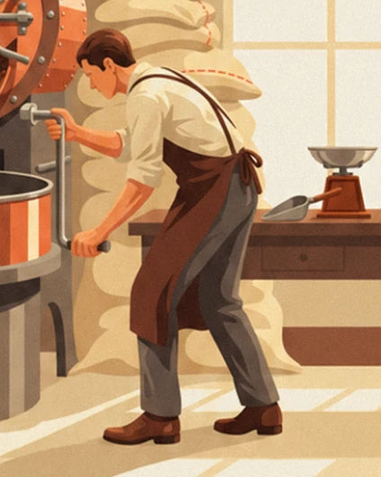 The coffee roaster in a brown apron turning the crank, beside the scales and sacks