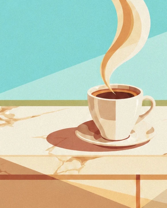 Die dampfende Espressotasse auf ihrer Untertasse, auf geädertem Marmor