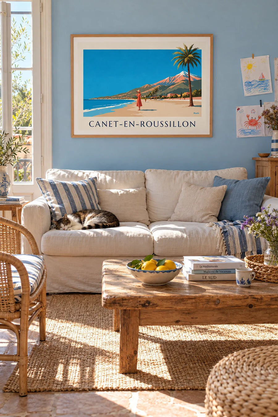 Poster Frau am Meer in Canet-en-Roussillon: gerahmt an der Wand