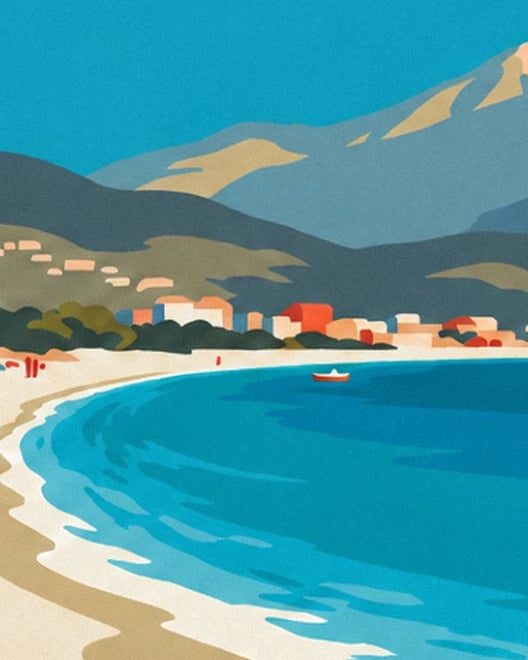 The turquoise bay of Canet-en-Roussillon, its pale beach and colourful houses