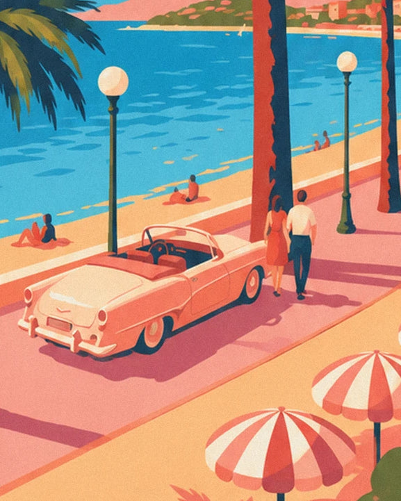 The pink convertible and the couple out for a drive, facing the beach and 2 striped parasols