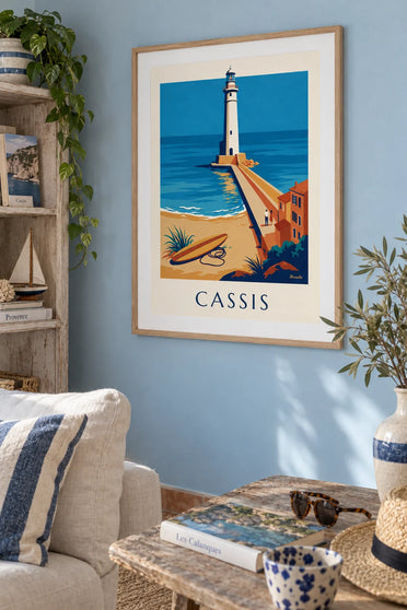 Affiche phare de la jetée de Cassis et planche de surf : encadrée au mur