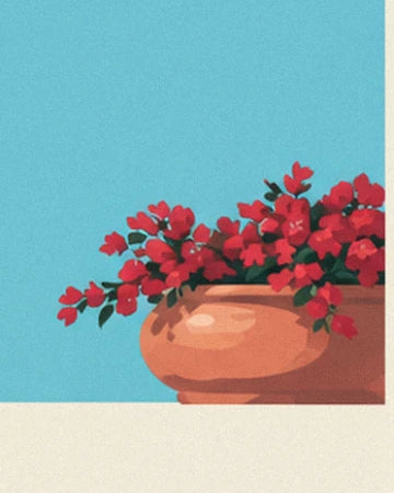 The large terracotta pot overflowing with red flowers on the low cream wall