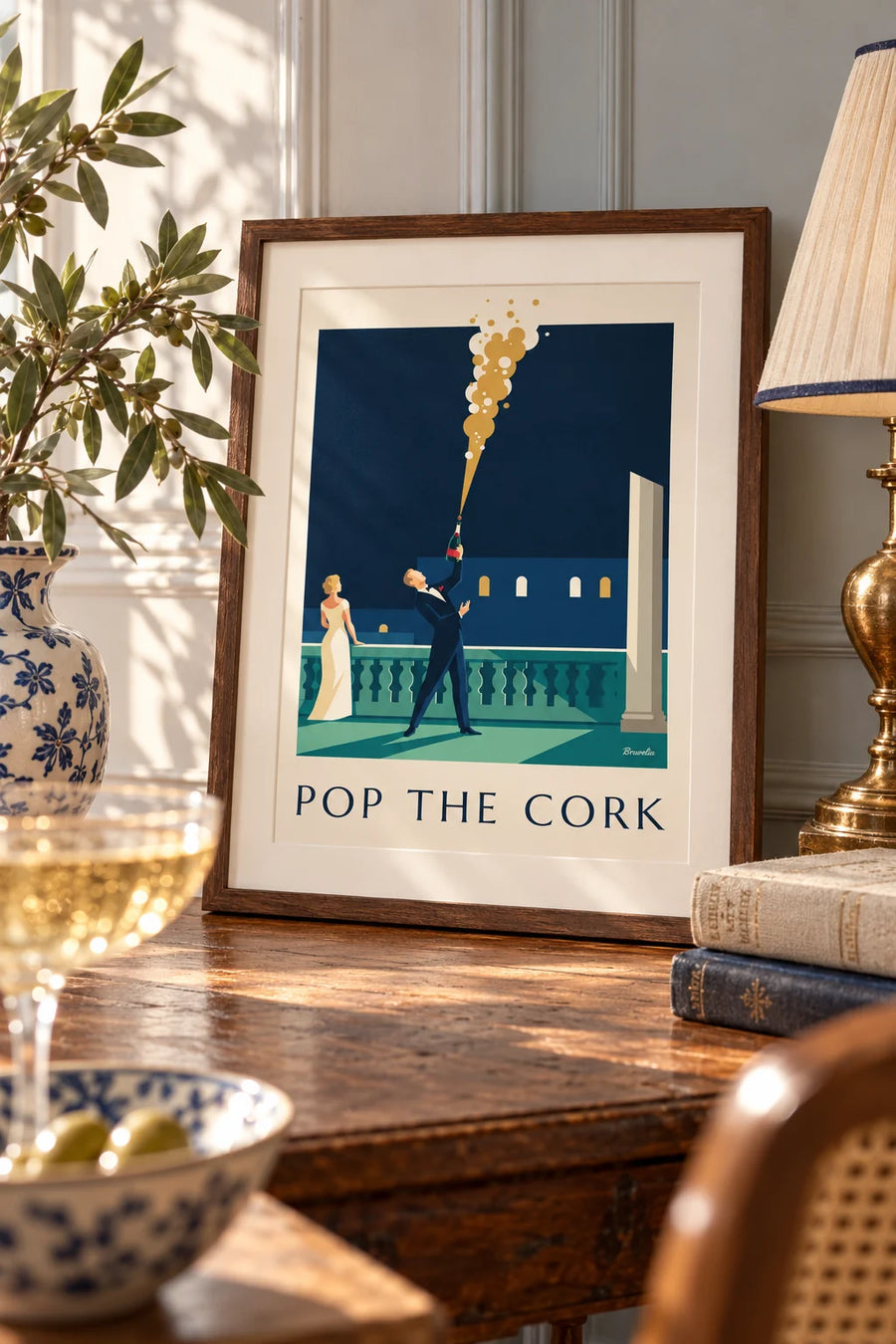 Poster of a man in a tuxedo opening a bottle of champagne: small framed A4 size