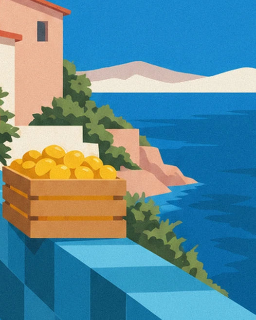 La cagette de citrons jaunes sur la balustrade bleue, face à la mer