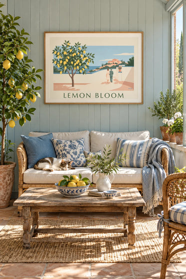 Poster Zitronen am Zweig in einem Rahmen aus Blumenmustern: gerahmt an der Wand