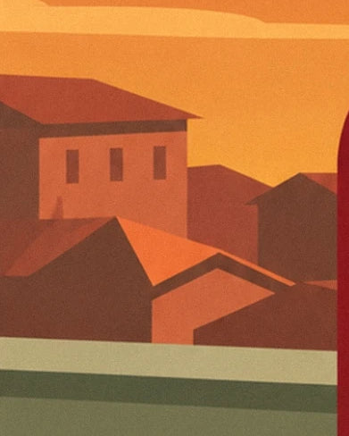 Ochre façades and orange roofs behind the terrace's green balustrade